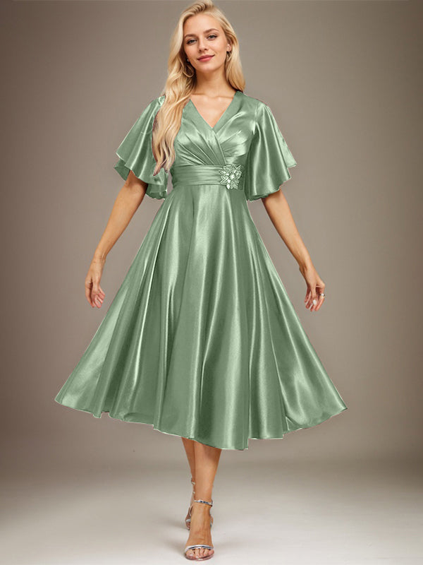 A-line V-Neck Tea-Length Stretch Satin Mother of the Bride Dress With Beading Pleated