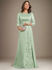 A-Line Scoop Floor-Length Lace Satin Mother Of the Bride Dress With Applique