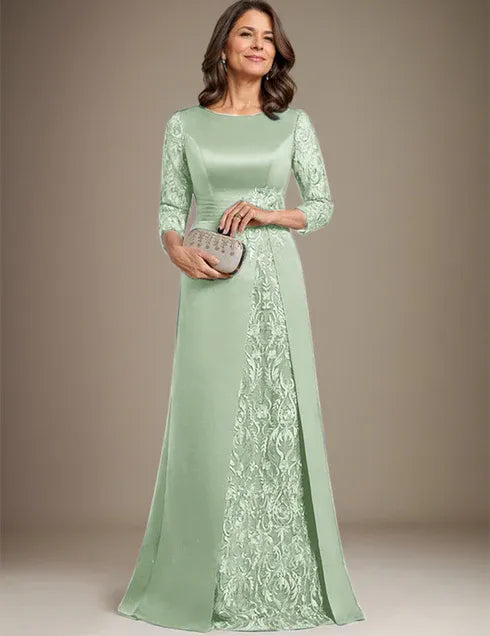 Robe de mère de la mariée en satin et dentelle, coupe trapèze, longueur au sol, avec appliques 