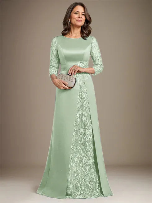 Robe de mère de la mariée en satin et dentelle, coupe trapèze, longueur au sol, avec appliques 