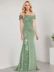 A-Line Off the Shoulder Floor-Length Mother of the Bride Dress Applique Beadings Mermaid Dress With  High Split