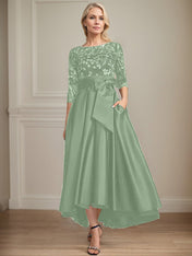 A-line Scoop Illusion Asymmetrical Satin Lace Mother of the Bride Dress With Bow