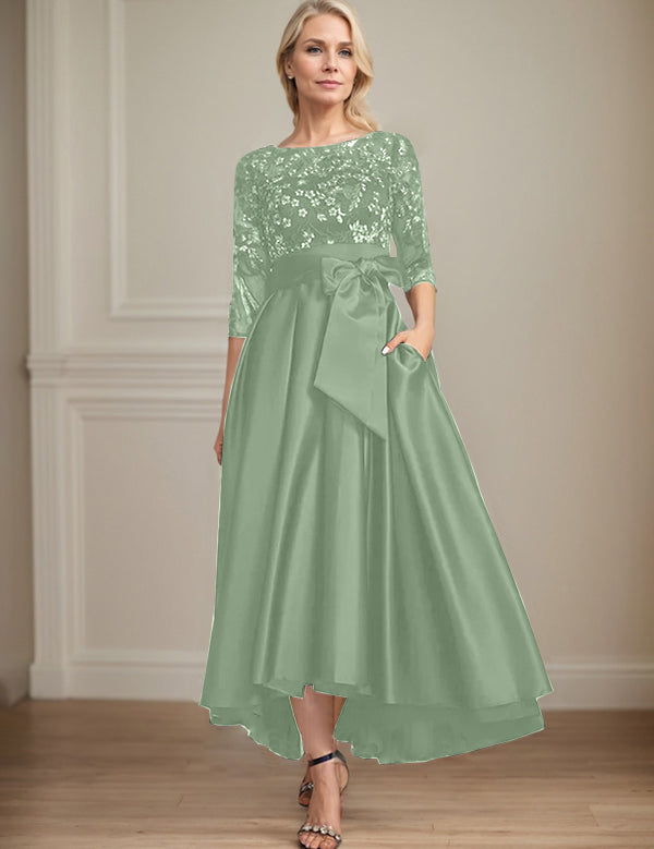 Robe de mère de la mariée asymétrique en satin et dentelle, coupe trapèze, décolleté en V, avec nœud 