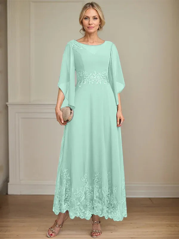 Robe de mère de la mariée trapèze en mousseline de soie et dentelle, longueur cheville, décolleté en V, illusion, avec paillettes 
