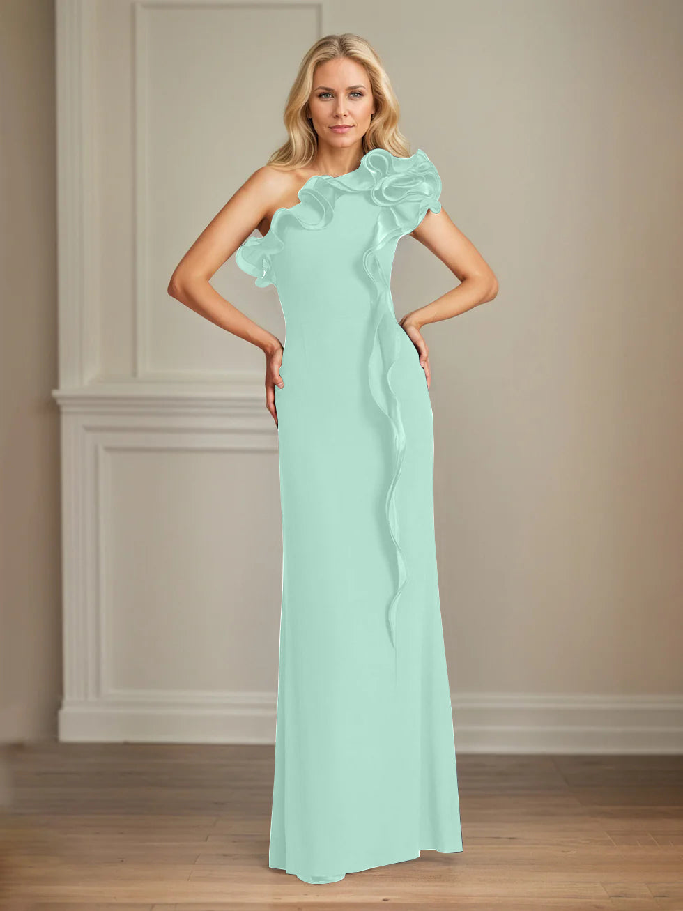 Column One Shoulder Floor Length Mother of the Bride Dresses With Ruffles