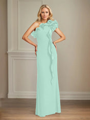 Navy Stretch Crepe Sheath/Column One Shoulder Floor Length Mother of the Bride Dresses With Ruffles