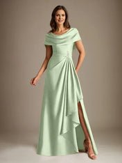 A-Line Scoop Floor-Length Stretch Satin Mother of the Bride Dress With Cascading Ruffles