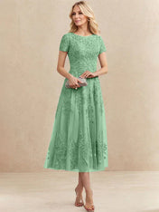 A-line Scoop Tea-Length Tulle Lace Mother of the Bride Dress