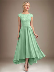 A-line Scoop Illusion Asymmetrical Lace Chiffon Mother of the Bride Dress With Pleated