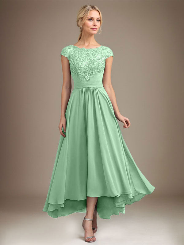 A-line Scoop Illusion Asymmetrical Lace Chiffon Mother of the Bride Dress With Pleated
