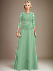 A-line Scoop Illusion Floor-Length Chiffon Lace Mother of the Bride Dress With Pleated Sequins Beading