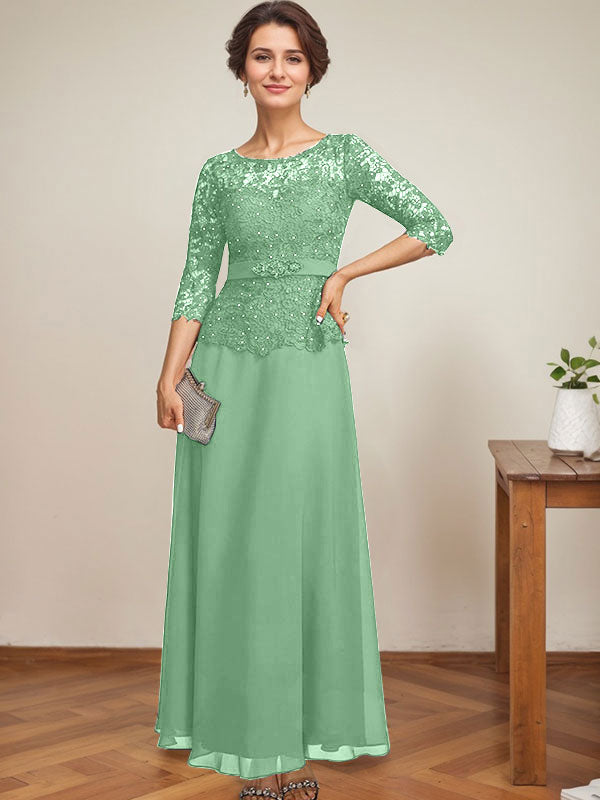 A-line Scoop Illusion Ankle-Length Chiffon Lace Mother of the Bride Dress With Rhinestone Beading