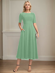 A-line Scoop Tea-Length Chiffon Mother of the Bride Dress With Appliques Lace Sequins