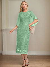 Sheath/Column Scoop Tea-Length Lace Chiffon Mother of the Bride Dress