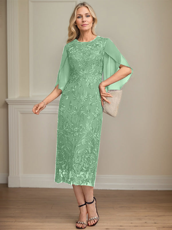 Sheath/Column Scoop Tea-Length Lace Chiffon Mother of the Bride Dress