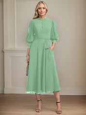 A-line High Neck Tea-Length Lace Chiffon Mother of the Bride Dress With Bow