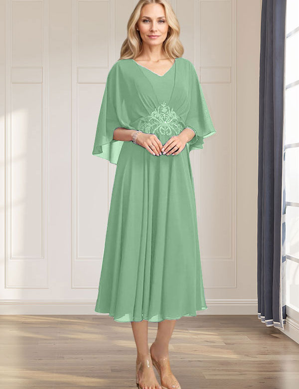 A-line V-Neck Tea-Length Chiffon Mother of the Bride Dress With Pleated Sequins Appliques Lace Beadind