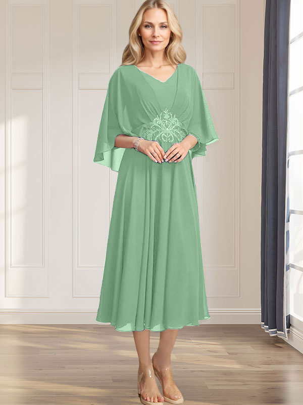 A-line V-Neck Tea-Length Chiffon Mother of the Bride Dress With Pleated Sequins Appliques Lace Beadind