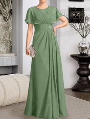 A-line Scoop Floor-Length Chiffon Mother of the Bride Dress With Pleated Beading