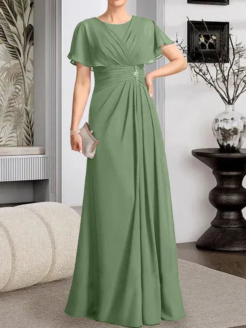 A-line Scoop Floor-Length Chiffon Mother of the Bride Dress With Pleated Beading