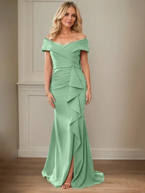 Column V-Neck Illusion Floor-Length Lace Chiffon Mother of the Bride Dress With Pleated Sequins