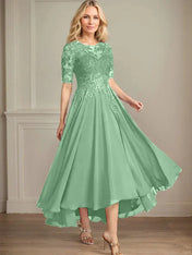 A-line Scoop Illusion Asymmetrical Chiffon Lace Mother of the Bride Dress With Sequins