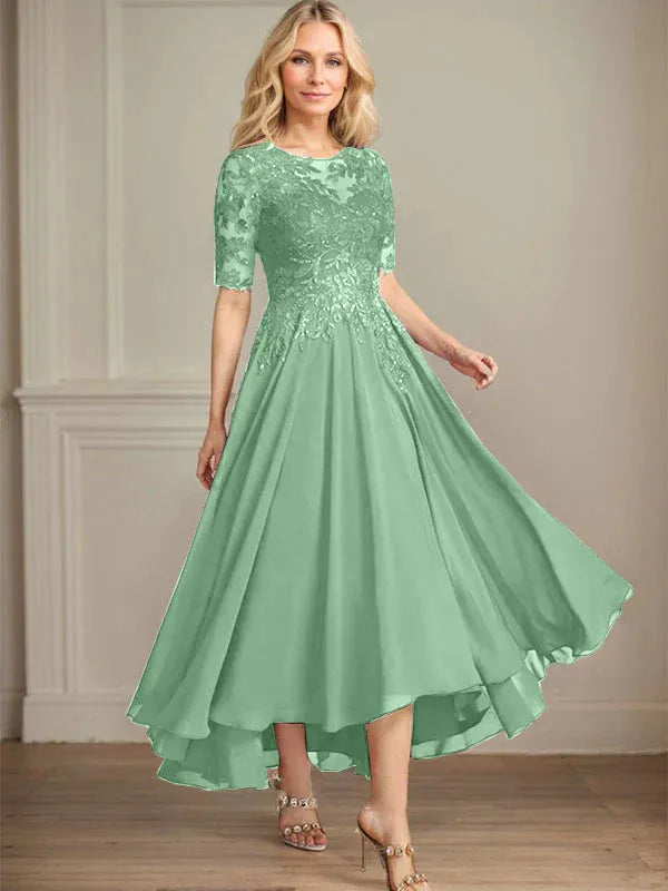 Robe de mère de la mariée asymétrique en mousseline de soie et dentelle, coupe trapèze, décolleté en V, illusion, avec paillettes 