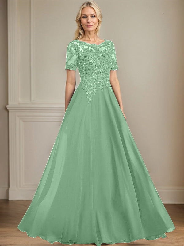 A-line Scoop Illusion Floor-Length Chiffon Lace Mother of the Bride Dress With Sequins Beading