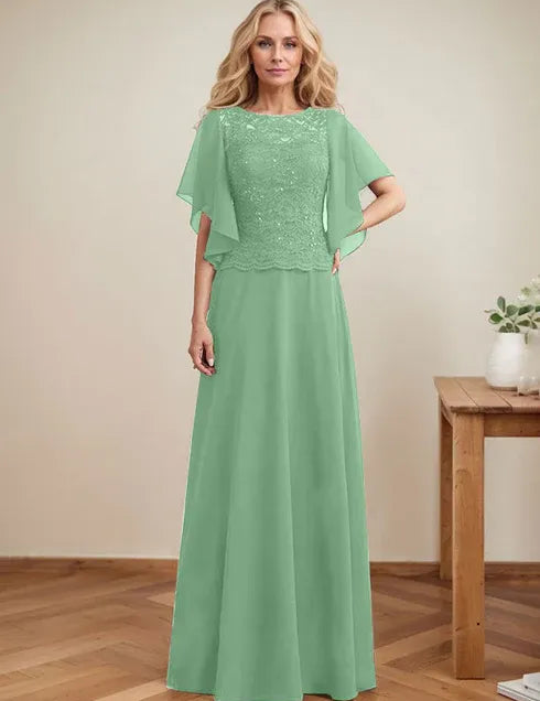 A-line Scoop Illusion Floor-Length Lace Chiffon Mother of the Bride Dress With Sequins