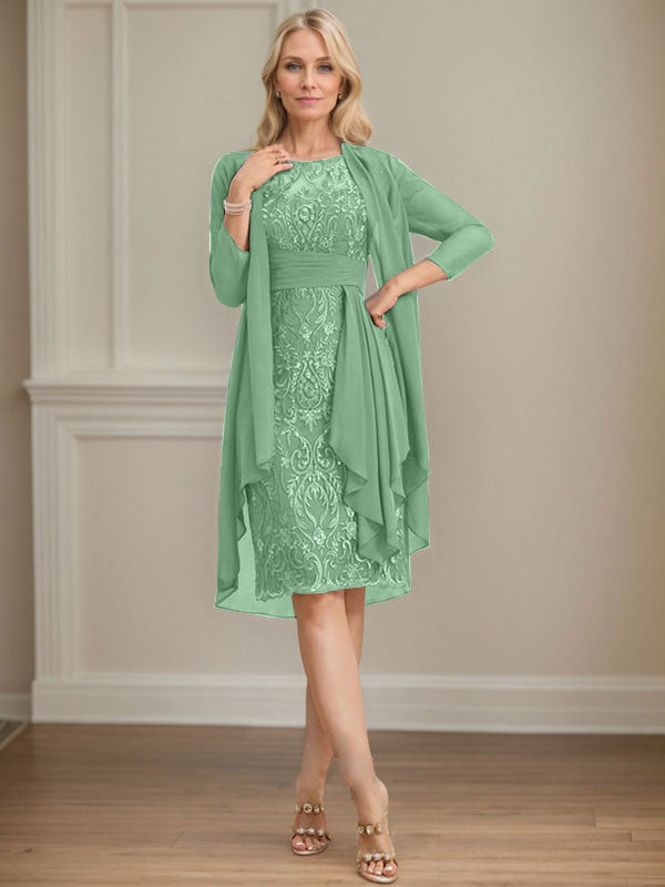 Column Scoop Illusion Knee-Length Lace Chiffon Mother of the Bride Dress With Cascading Ruffles Sequins