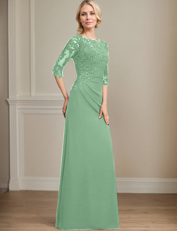 Robe de mère de la mariée trapèze en mousseline de soie et dentelle, longueur au sol, avec perles et paillettes plissées