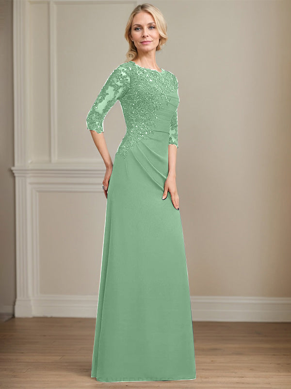 A-line Scoop Floor-Length Chiffon Lace Mother of the Bride Dress With Beading Pleated Sequins