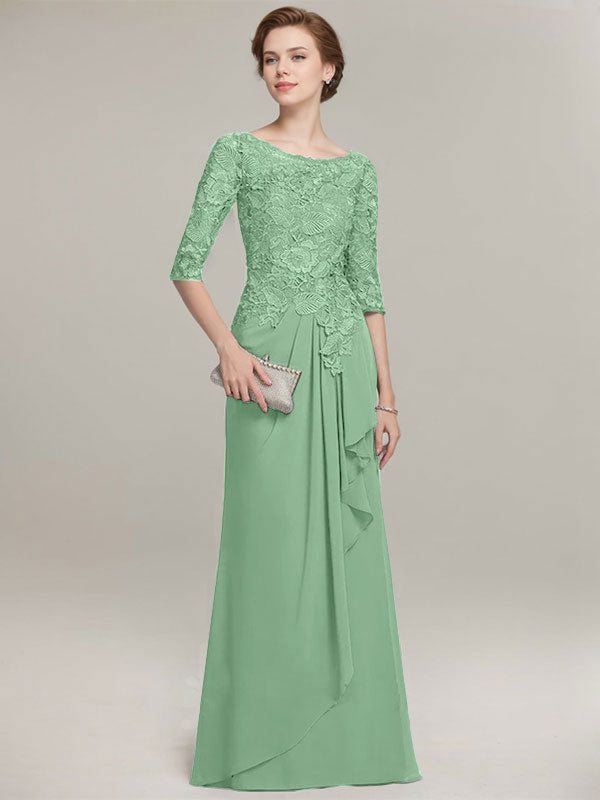 A-line Scoop Illusion Floor-Length Lace Chiffon Mother of the Bride Dress With Cascading Ruffles