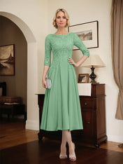 A-line Scoop Illusion Tea-Length Chiffon Lace Mother of the Bride Dress With Beading Sequins