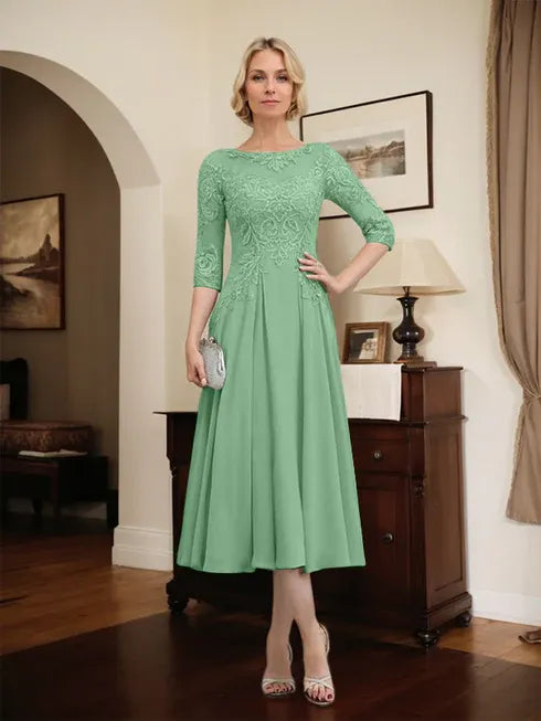 A-line Scoop Illusion Tea-Length Chiffon Lace Mother of the Bride Dress With Beading Sequins