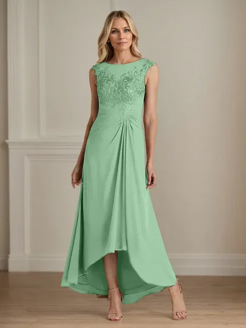 Champagne A-Line Scoop Lace Chiffon Dress