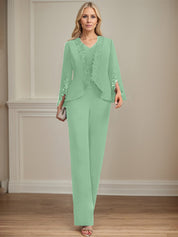 Separates Jumpsuit/Pantsuit V-Neck Floor-Length Chiffon Mother of the Bride Dress