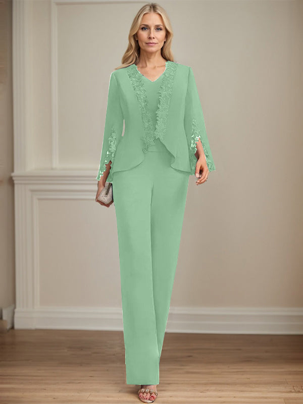 Pantsuit V-Neck Floor-Length Chiffon Mother of the Bride Dress