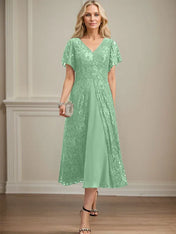 A-line V-Neck Tea-Length Lace Chiffon Mother of the Bride Dress