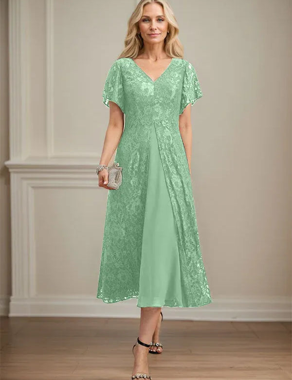A-line V-Neck Tea-Length Lace Chiffon Mother of the Bride Dress