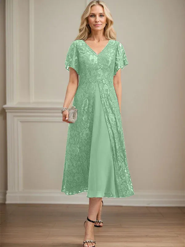 Robe de mère de la mariée en mousseline de soie, coupe trapèze, col en V et longueur thé 