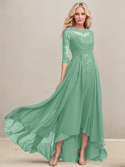 A-line Scoop Illusion Asymmetrical Lace Chiffon Mother of the Bride Dress With Pleated Sequins