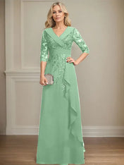 A-line Collared V-Neck Floor-Length Lace Chiffon Mother of the Bride Dress With Sequins Cascading Ruffles