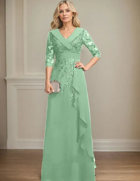 Robe de mère de la mariée trapèze, col en V, longueur au sol, en mousseline de soie et dentelle, avec volants en cascade et paillettes 