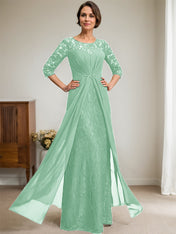 A-Line Scoop Illusion Floor-Length Lace Chiffon Mother Of the Bride Dress With Beading Ruffles