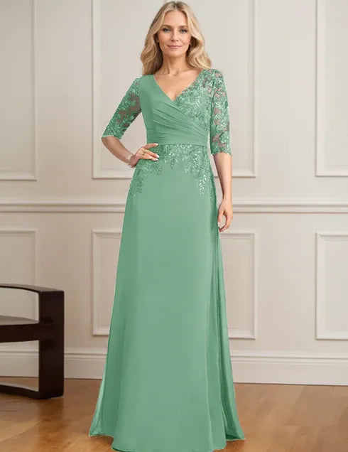 Robe de mère de la mariée trapèze, col en V, longueur au sol, en mousseline de soie et dentelle, avec sequins plissés 