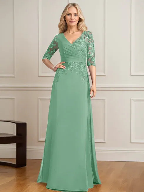 Robe de mère de la mariée trapèze, col en V, longueur au sol, en mousseline de soie et dentelle, avec sequins plissés 