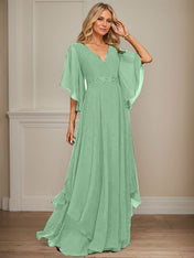 A-line V-Neck Floor-Length Chiffon Mother of the Bride Dress With Sequins Appliques Lace Beading