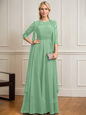 A-line Scoop Illusion Floor-Length Lace Chiffon Mother of the Bride Dress With Pleated