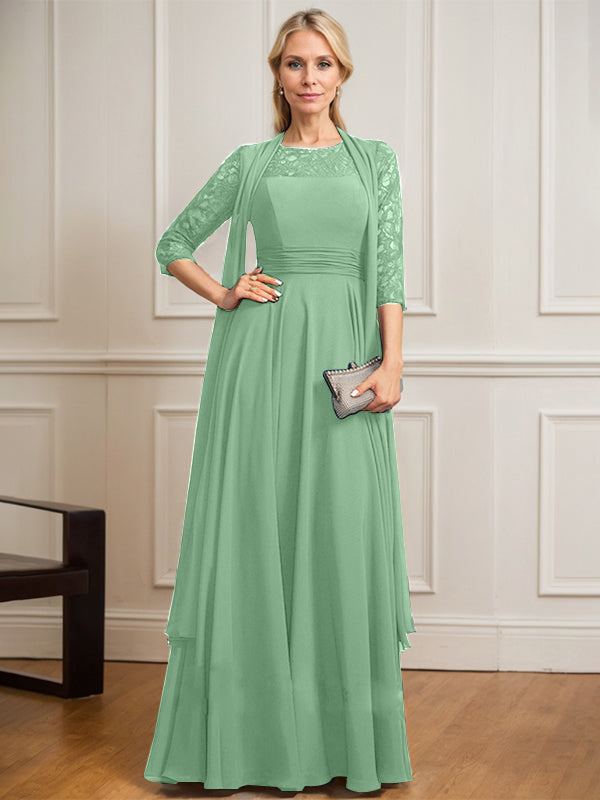 A-line Scoop Illusion Floor-Length Lace Chiffon Mother of the Bride Dress With Pleated